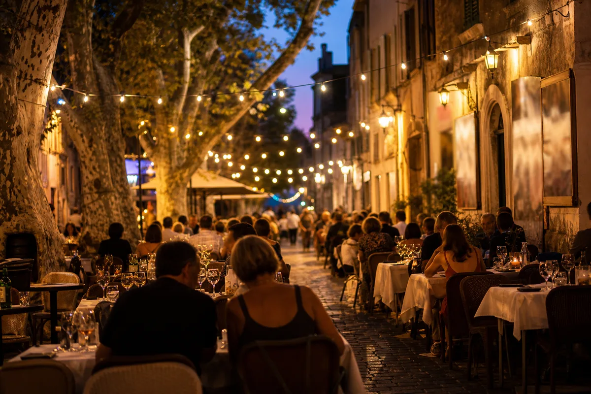Terrasse de restaurant animée dans une rue pavée d’Avignon un soir d’été