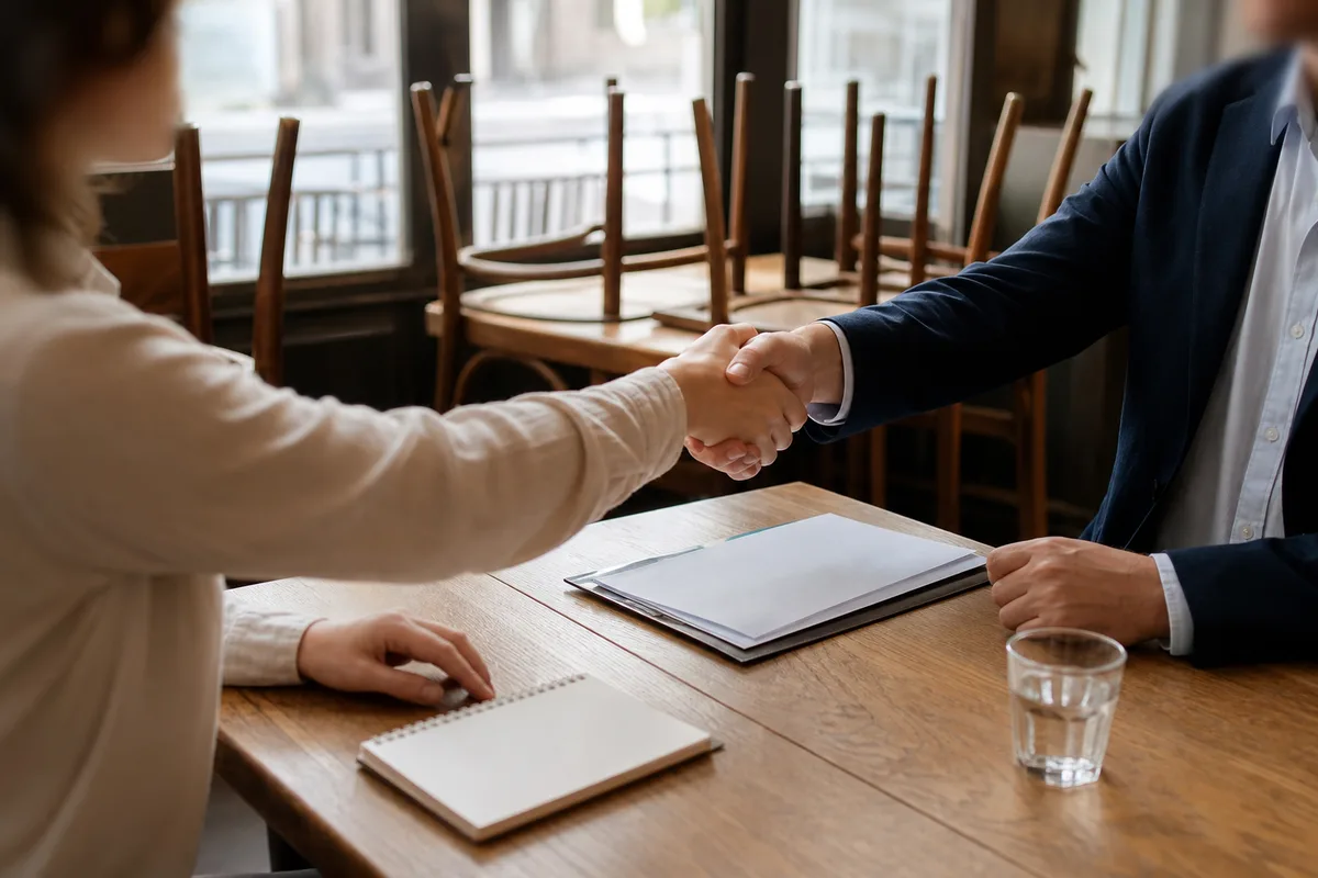 Recruteur et candidat en entretien dans une salle de restaurant avant le service