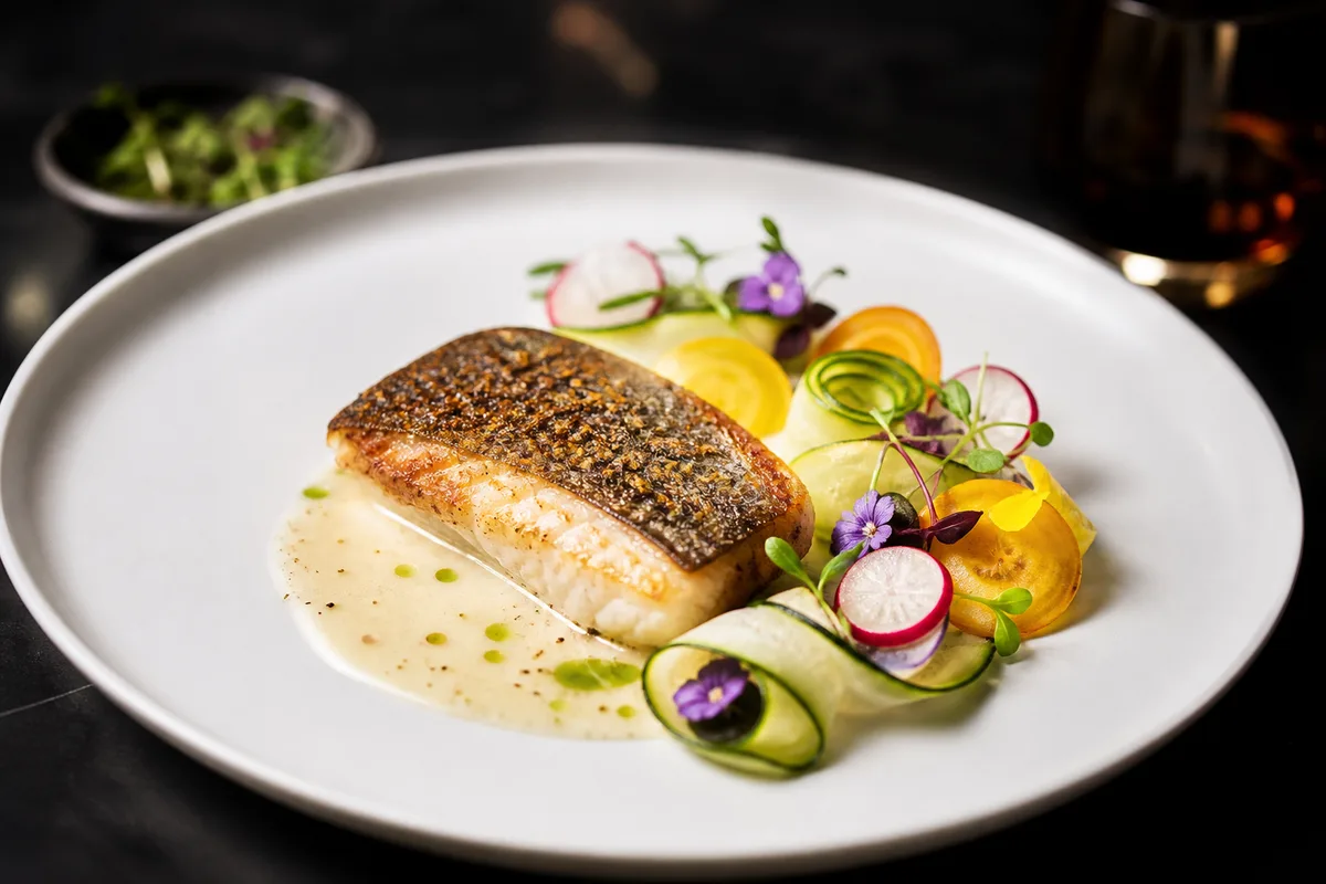 Assiette gastronomique dressée avec poisson de lac et légumes du potager