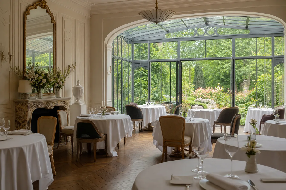 Salle de restaurant élégante avec véranda ouverte sur un parc arboré