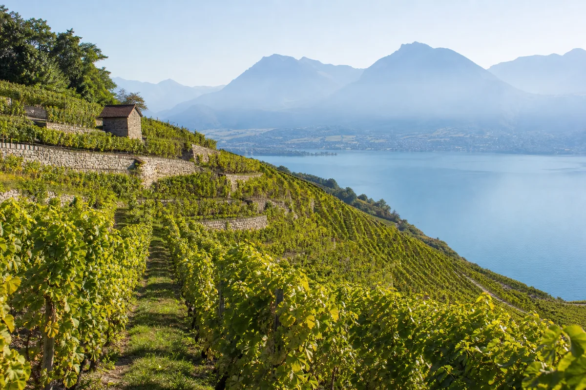 Vignes en terrasses au-dessus du lac du Bourget en fin d&rsquo;été